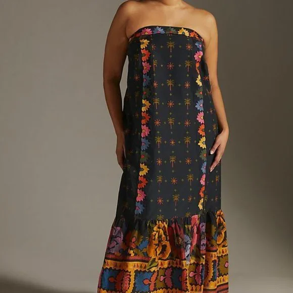 Farm Rio Anthropologie L NWT Embroidered Maxi Dress Black Embroidery 260$ Large - Picture 10 of 13